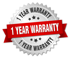 1 year warranty 3d silver badge with red ribbon