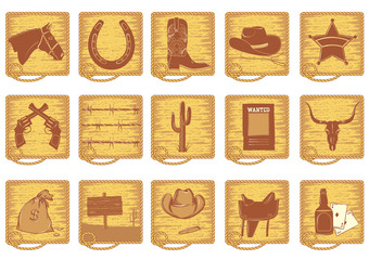 Icons elements for cowboy life.Vector brown silhouettes on white