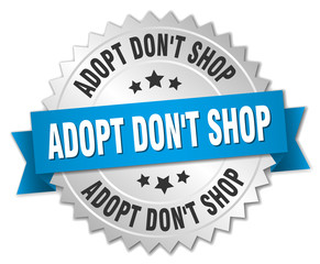 adopt don't shop 3d silver badge with blue ribbon