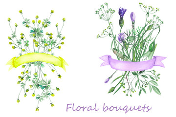 Fototapeta na wymiar Bouquets of wildflowers with ribbons painted in watercolor on a white background