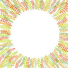 Circle frame, wreath of multicolor branches with colorful leaves painted in watercolor on a white background, greeting card, decoration postcard or invitation