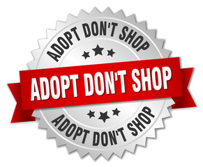 adopt don't shop 3d silver badge with red ribbon