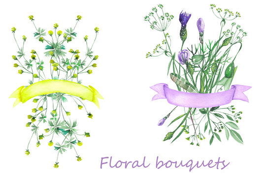 Bouquets of wildflowers with ribbons painted in watercolor on a white background