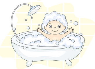 Сute toddler bathing in the bath with foam and laughing