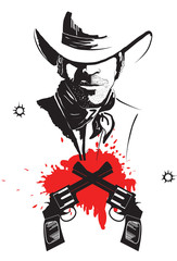 Cowboy in hat with blood guns.Vector graphic poster