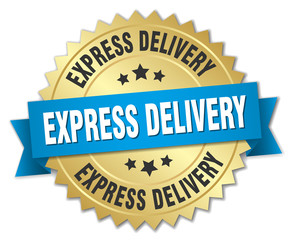 express delivery 3d gold badge with blue ribbon