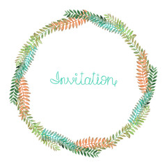 Circle frame, wreath of branches with blue and green leaves painted in watercolor on a white background, greeting card, decoration postcard or invitation