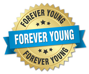 forever young 3d gold badge with blue ribbon