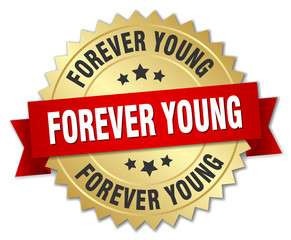 forever young 3d gold badge with red ribbon