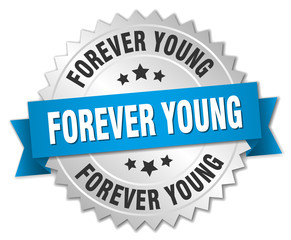forever young 3d silver badge with blue ribbon