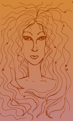 Sketch of woman with long curly hair. Vector illustration.