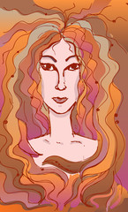 Sketch of woman with long curly hair. Vector illustration.