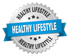 healthy lifestyle 3d silver badge with blue ribbon