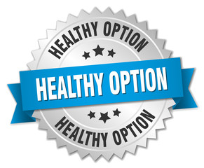 healthy option 3d silver badge with blue ribbon