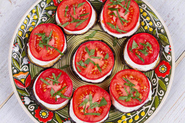Fototapeta na wymiar Grilled eggplant with spicy sour cream sauce, tomatoes and basil