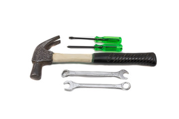 Hammer,wrench and screwdriver on white background
