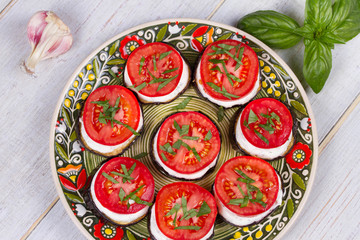 Grilled eggplant with spicy sour cream sauce, tomatoes and basil
