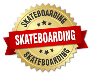 skateboarding 3d gold badge with red ribbon