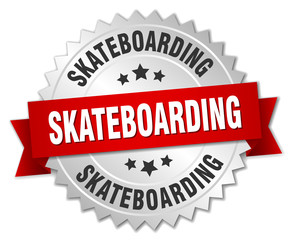 skateboarding 3d silver badge with red ribbon