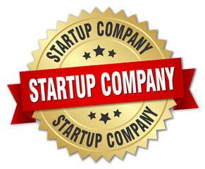 startup company 3d gold badge with red ribbon