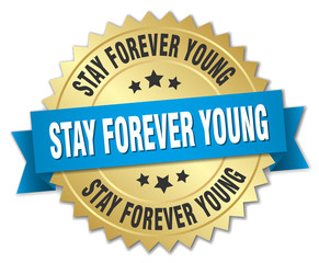 stay forever young 3d gold badge with blue ribbon