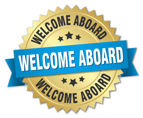 welcome aboard 3d gold badge with blue ribbon