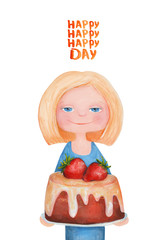 Girl with cake with strawberries. Happy day. Watercolor and gouache Illustration