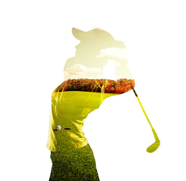 Double exposure of young female golf player holding club combined with green field and sky. Golfing concept.  
