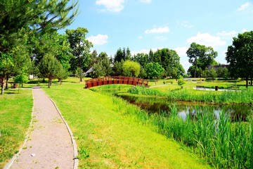 Bridge over pond in Viesintos village Anyksciai district