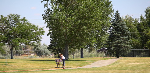 Mature female taking her morning walk outside.