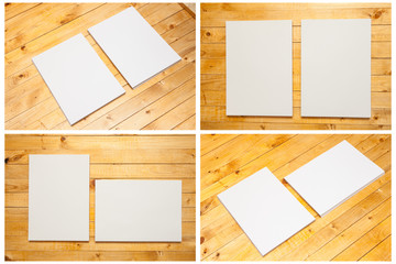 blank forms on a wooden background. Set mock-up 