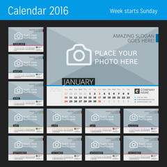 Desk Calendar 2016. Vector Print Template with Place for Photo. Set of 12 Months. Week Starts Sunday
