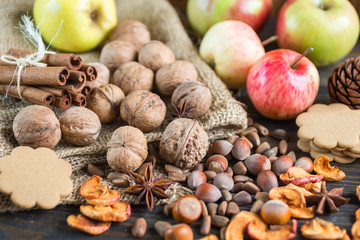 Autumn composition of fruits, nuts and spices