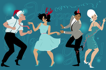 Fototapeta na wymiar Group of young people dressed vintage fashion dancing celebrating New Year in the club, vector illustration, EPS 8, no transparencies, no mesh