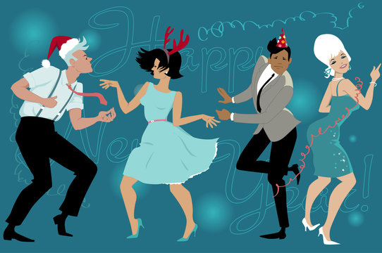 Group of young people dressed vintage fashion dancing celebrating New Year in the club, vector illustration, EPS 8, no transparencies, no mesh