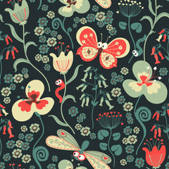 Colorful seamless floral pattern with stylized butterfly and dragonfly.