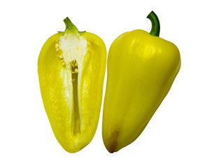 Yellow peppers isolated on a white background. Fresh vegetables. Macro. Closeup.  Half of the pod, and another pod.