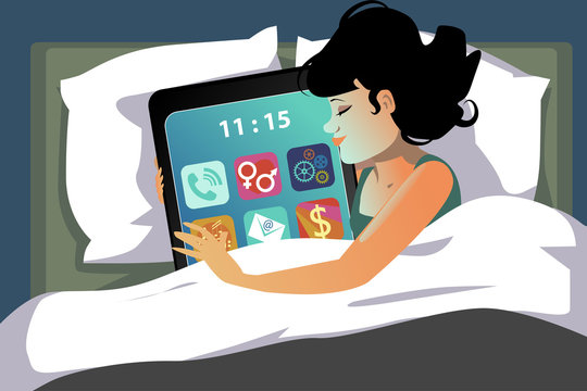 Young girl lying in bed hugging a giant smartphone, vector illustration, no transparencies, EPS 8