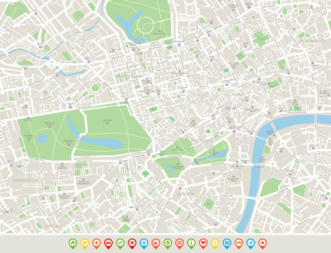 London Map and Navigation Icons. Map includes streets, parks, names of subdistricts, points of interests.