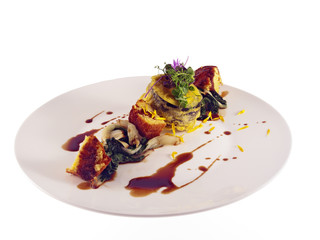 fried eggplant filled with miso, sweet potato souffle and pak choi