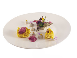 baked polenta with chufa mousse, chia chip and chokeberry sauce