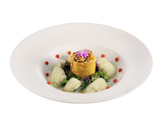 amaranth roll filled with tofu and walnuts, coriander foam and  goji berry sauce