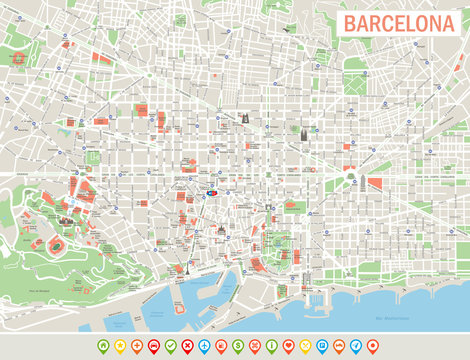 Barcelona Map and Navigation Icons. Highly detailed vector map of Barcelona. Map includes streets, parks, names of subdistricts, points of interests. 