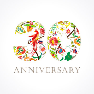 30 anniversary folk logo. Template logo 30th anniversary in folk style with bird.