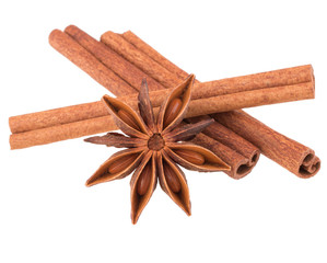 cinnamon stick and star anise spice isolated on white background