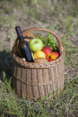 Picnic basket with food and wine on grass.