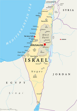 Israel political map with capital Jerusalem, national borders, important cities, rivers and lakes. English labeling and scaling. Illustration.