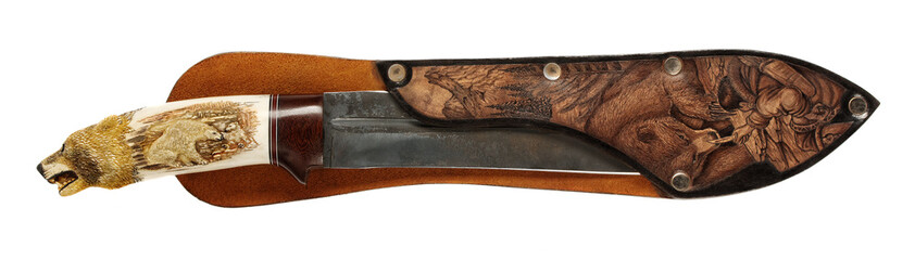 Hunting knife in scabbard with picture animals - obrazy, fototapety, plakaty