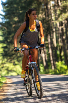 Woman riding a mountain bike in the forest.