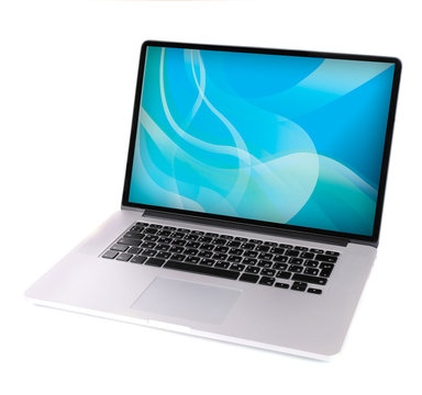 Laptop with blue splash screen isolated on white